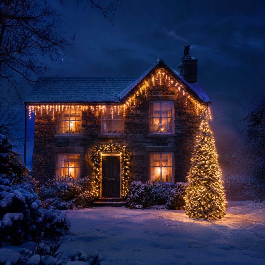 Décoration de Noël extérieure : stalactites LED, guirlande de porte et sapin lumineux devant une maison enneigée