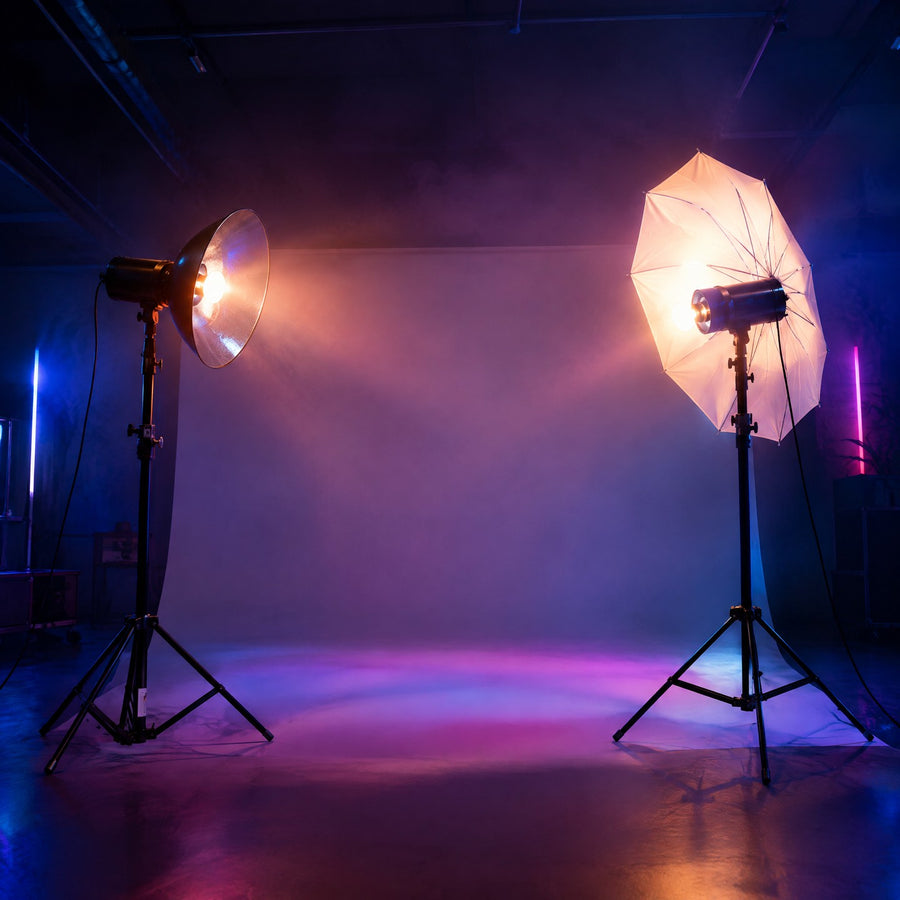 Flashs de studio noirs sur pieds, réflecteur argenté et parapluie blanc, face à un fond blanc dans un studio photo