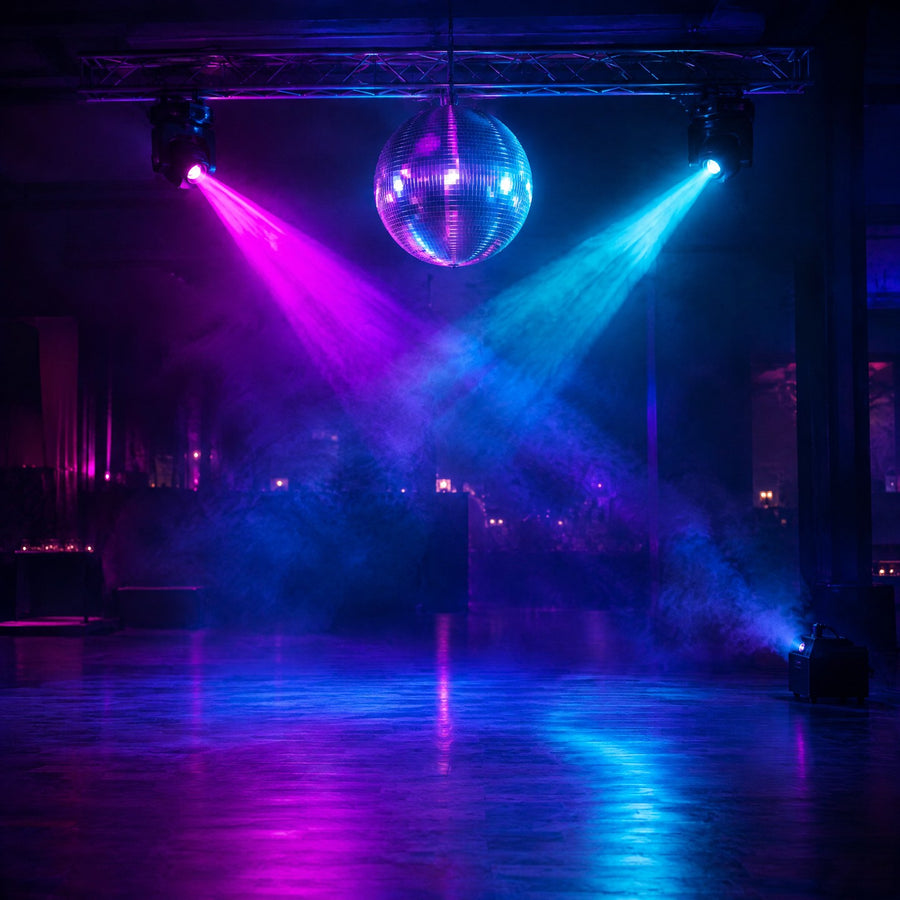 Jeux de lumière : boule à facettes, lyres aux faisceaux magenta et cyan et machine à fumée dans une salle de soirée