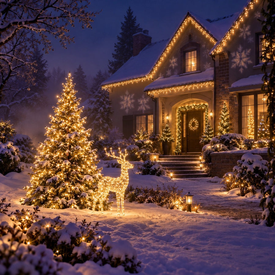 Jardin enneigé la nuit avec sapin lumineux, renne lumineux et guirlandes sur la maison