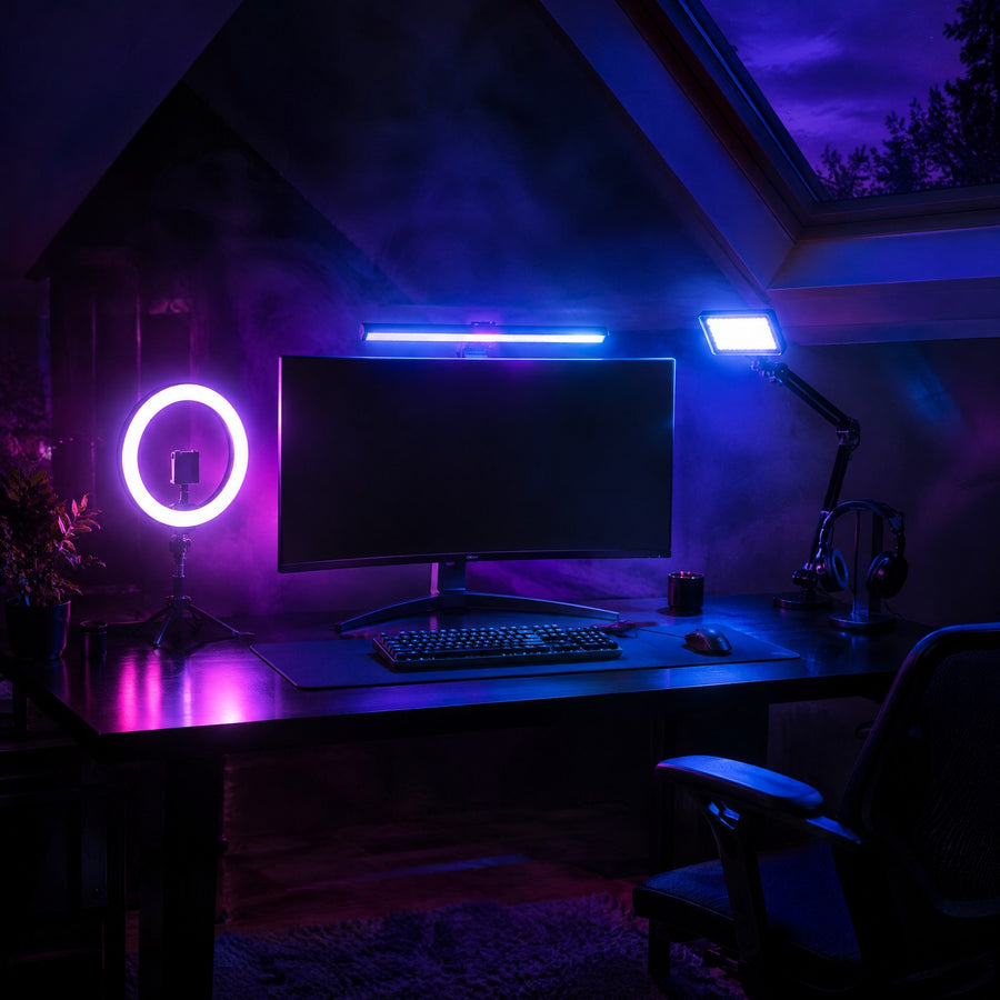 Setup TikTok et streaming : ring light, panneau key light et barre lumineuse sur un bureau noir sous les combles