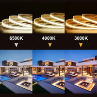 Ruban LED extérieur IP67 – rendu en 6500 K, 4000 K et 3000 K sur une terrasse
