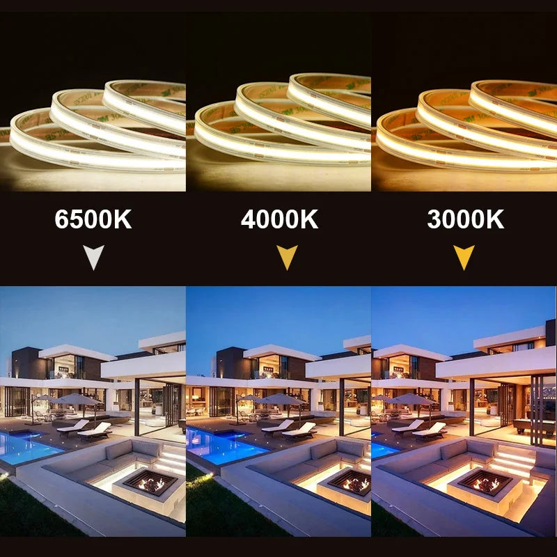 Ruban LED extérieur IP67 – rendu en 6500 K, 4000 K et 3000 K sur une terrasse
