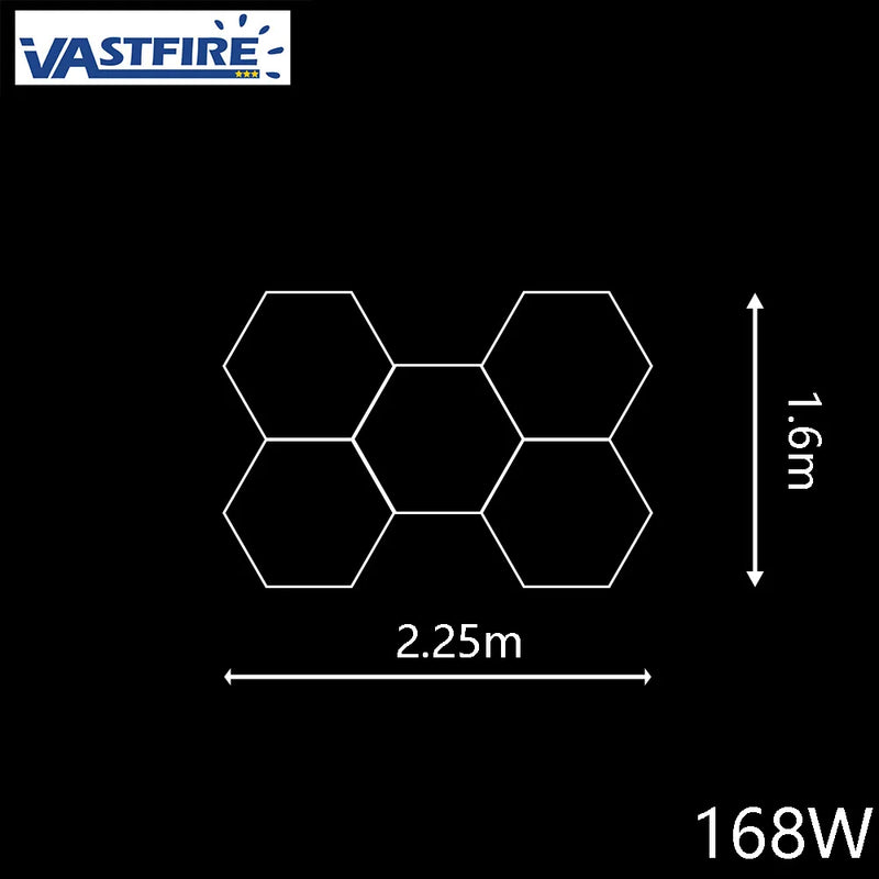 Plafonnier LED hexagonal – disposition de 5 hexagones de 225 x 160 cm