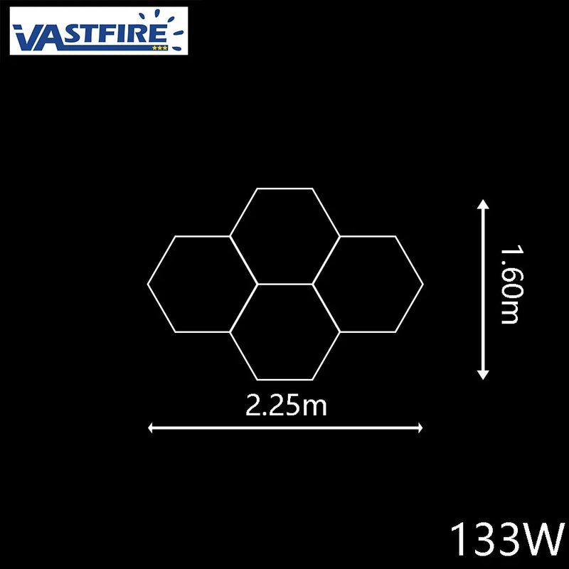 Plafonnier LED hexagonal – disposition de 4 hexagones en losange de 225 x 160 cm