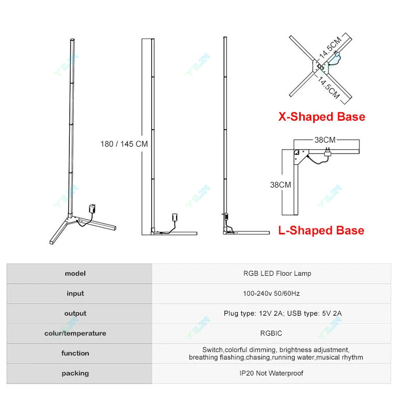 Lampadaire d'angle LED RGBIC multicolore avec télécommande, 145 ou 180 cm
