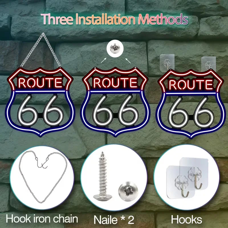 Néon LED Route 66 – les trois modes de fixation