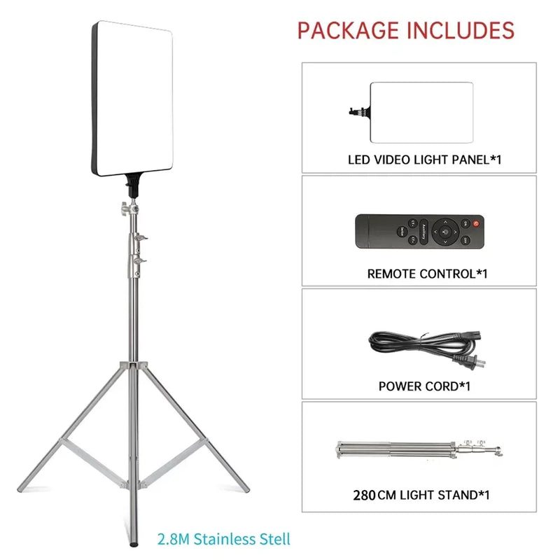 Panneau LED vidéo bicolore 90 W – version avec trépied de 280 cm en acier inoxydable : panneau, télécommande, cordon et trépied