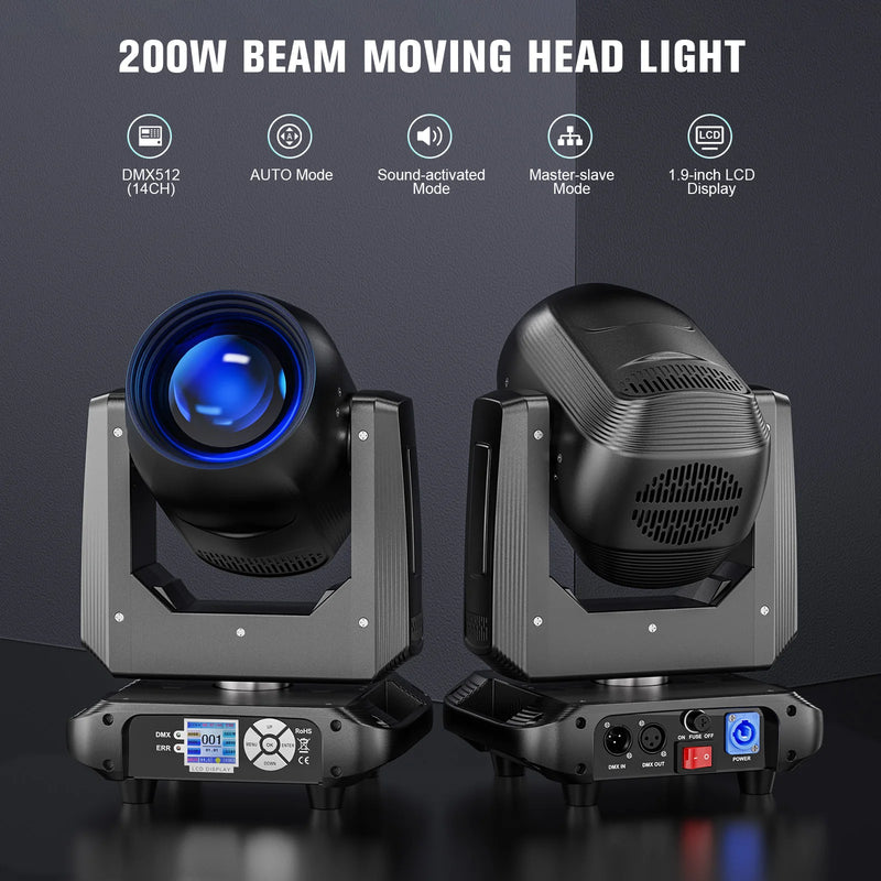 Lyre LED 200 W – deux vues de la lyre, face avec écran LCD et arrière avec connectique