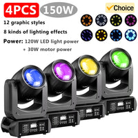 Lot de 4 lyres LED 150 W – les quatre lyres allumées en bleu, violet, jaune et vert