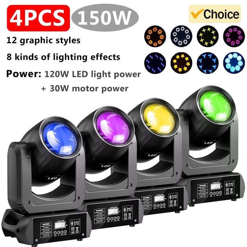 Lot de 4 lyres LED 150 W – les quatre lyres allumées en bleu, violet, jaune et vert