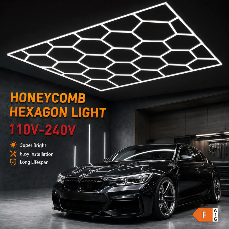 Plafonnier LED hexagonal – plafond de garage éclairé au-dessus d'une voiture noire