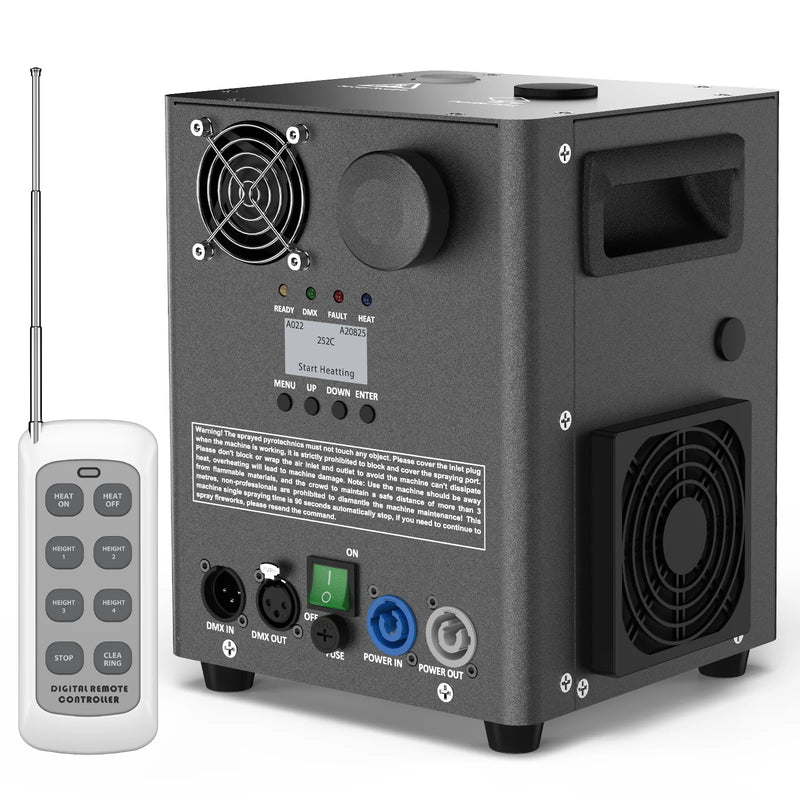 Machine à étincelles froides 800 W DMX, trémie 200 g, télécommande 8 touches
