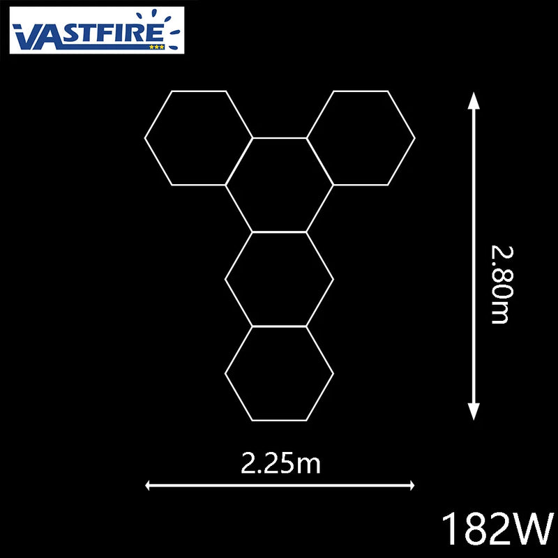 Plafonnier LED hexagonal – disposition de 5 hexagones en Y de 225 x 280 cm