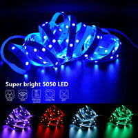 Ruban LED RGB 5050 – puces SMD 5050 allumées en bleu, rouge, blanc et vert