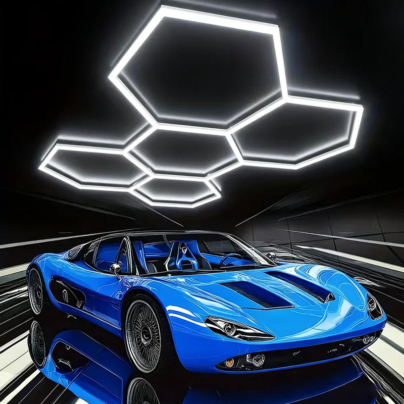 Plafonnier LED hexagonal – composition d'hexagones lumineux au-dessus d'une voiture bleue