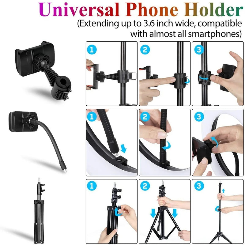 Ring light RGB 30 cm – support universel pour téléphone et étapes de montage de l'anneau et du trépied