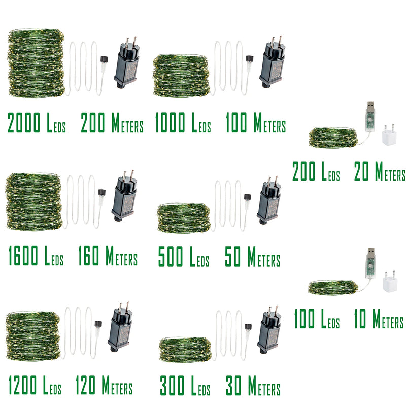 Guirlande lumineuse fil vert LED 10 à 200 m – tableau des longueurs et du nombre de LED de 10 à 200 m