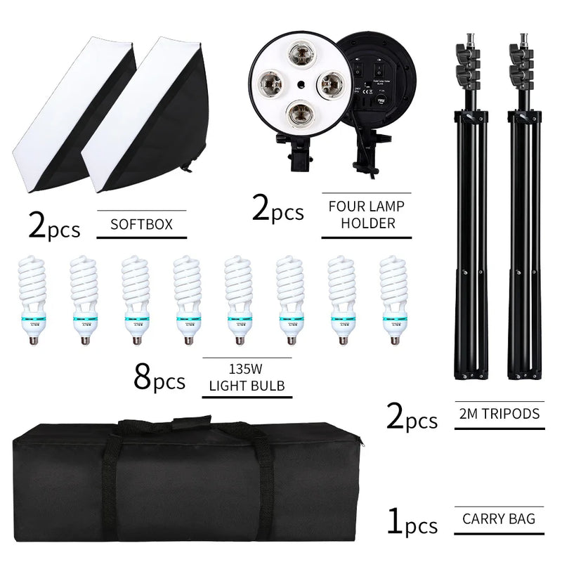 Kit softbox 50x70 cm – contenu du kit à 2 softbox et 8 ampoules spirales 135 W