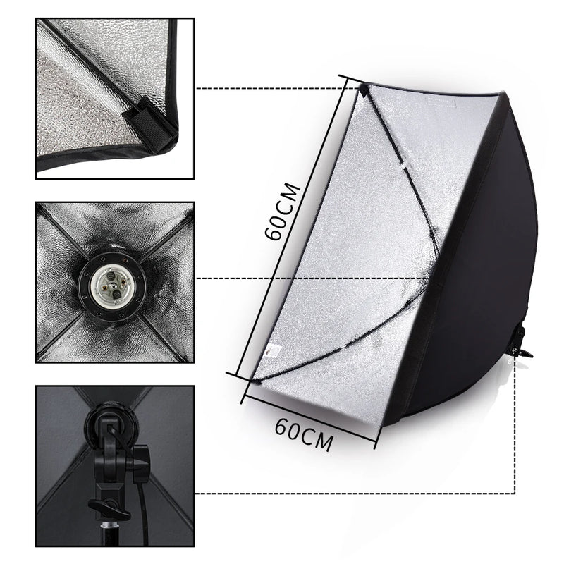 Kit softbox rectangulaire ou octogonal – softbox avec cotes et vues de détail de la douille