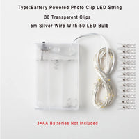 Guirlande photo lumineuse à pinces LED – modèle à piles de 5 m à 50 LED et 30 pinces