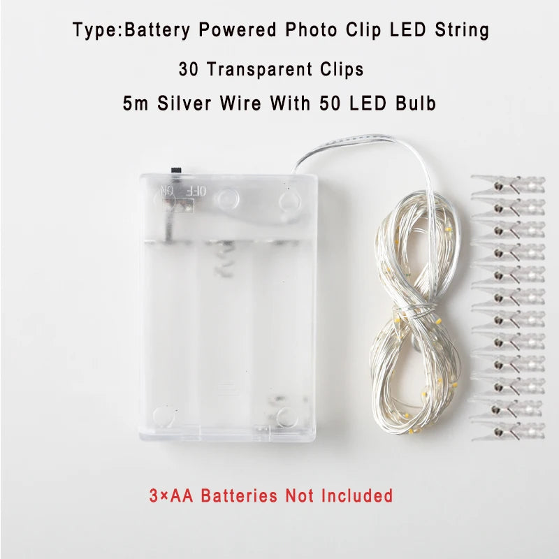 Guirlande photo lumineuse à pinces LED – modèle à piles de 5 m à 50 LED et 30 pinces