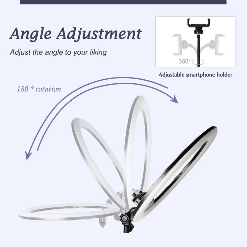 Anneau lumineux 45 cm – réglage de l'angle, rotation de 180° et support de téléphone orientable