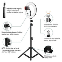 Ring light 26 ou 30 cm – détail du trépied, du support de téléphone et de la rotule 1/4 de pouce