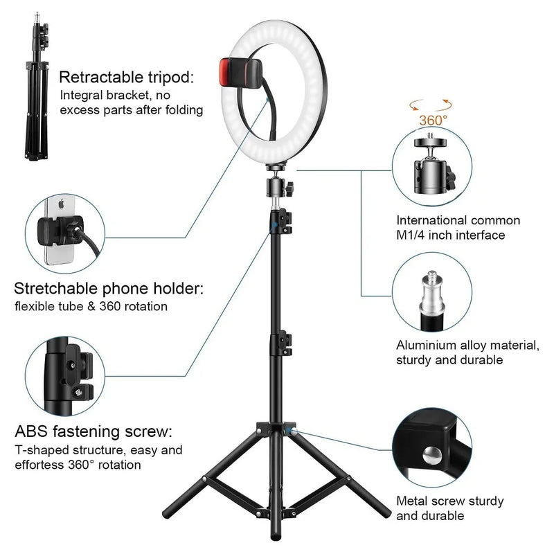 Ring light 26 ou 30 cm – détail du trépied, du support de téléphone et de la rotule 1/4 de pouce