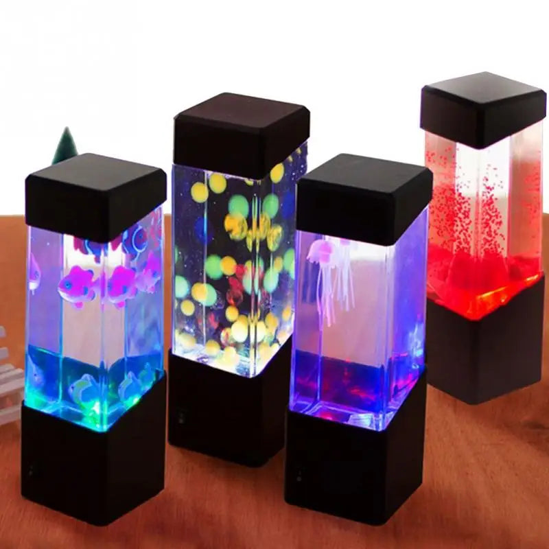 Lampe méduse aquarium – quatre lampes aquarium allumées en couleurs différentes