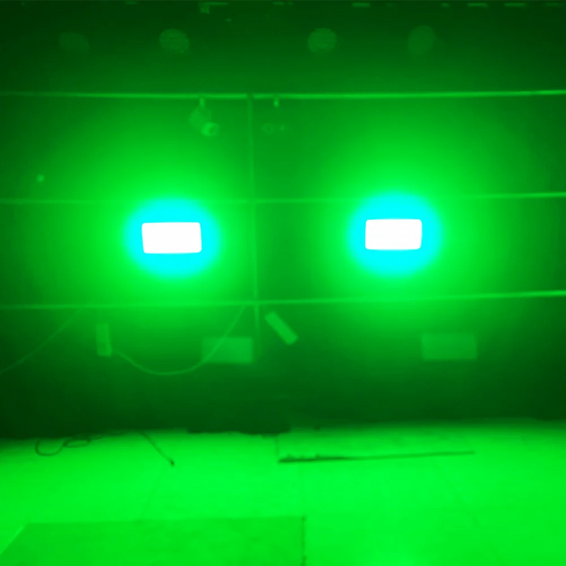 Stroboscope LED 200 W – deux projecteurs en lumière verte dans une salle