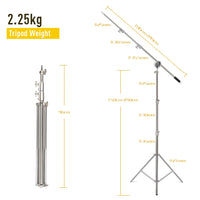 Bras girafe d'éclairage inox 106 à 249 cm – dimensions du bras et du pied, poids de 2,26 kg