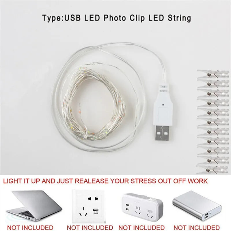 Guirlande photo lumineuse à pinces LED – modèle USB et pinces transparentes