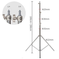 Trépied d'éclairage 2,8 m – tête à vis 1/4 et 3/8 de pouce et diamètres des tubes de 25, 30, 35 et 22 mm