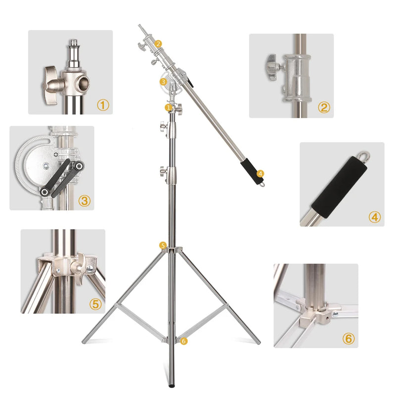Bras girafe d'éclairage inox 106 à 249 cm – détails des fixations et des molettes de serrage