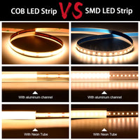 Ruban LED COB 5 m – comparaison COB et bande à LED séparées avec profilé aluminium et tube néon