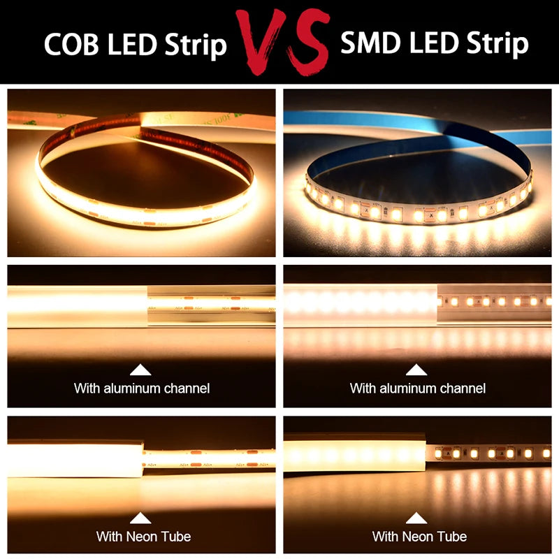 Ruban LED COB 5 m – comparaison COB et bande à LED séparées avec profilé aluminium et tube néon