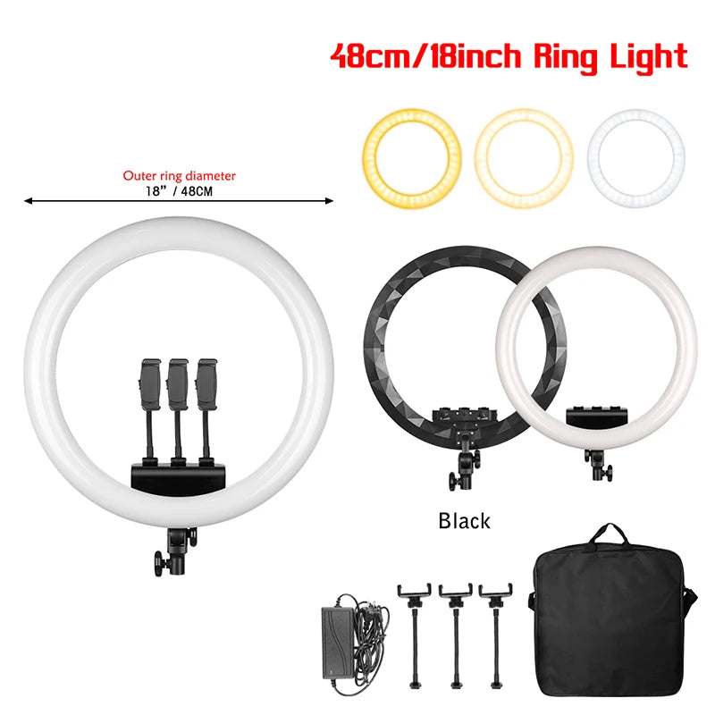 Anneau lumineux 45 cm – anneau noir seul, adaptateur, supports de téléphone et sac