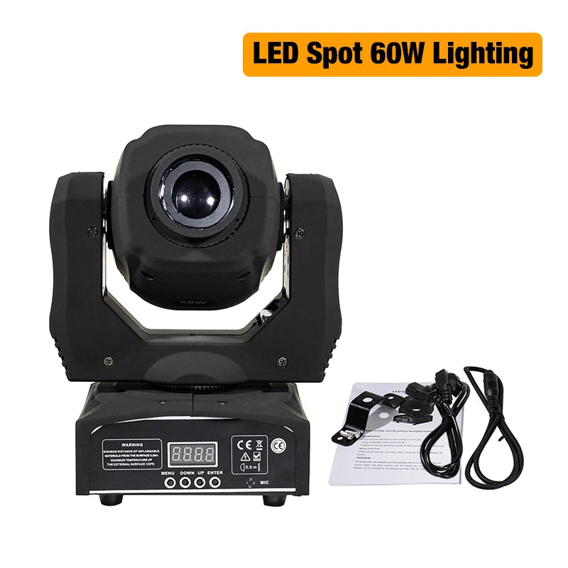 Mini lyre LED spot 60 W DMX 9 ou 11 canaux, 7 couleurs et mode sonore