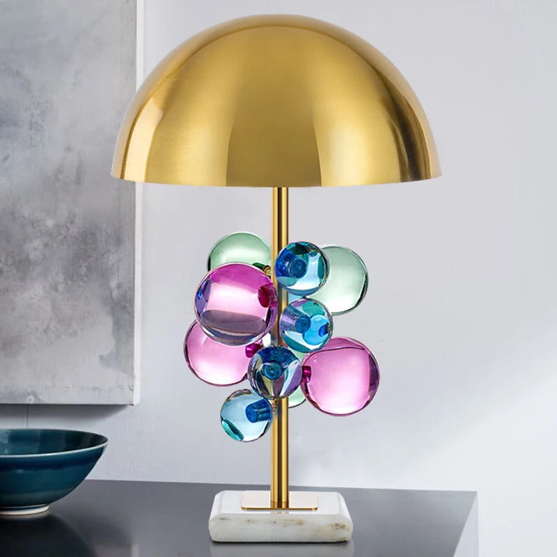 Lampe champignon à boules de verre – lampe de table à boules de verre bleues, roses et violettes