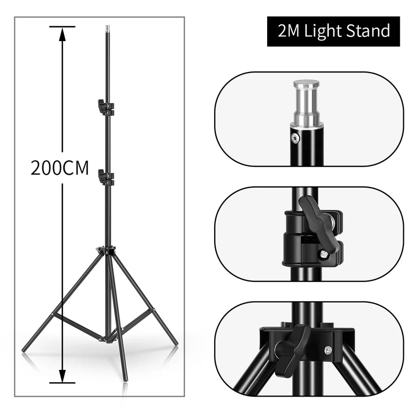 Kit softbox rectangulaire ou octogonal – pied de 2 m avec cotes de hauteur et détails de serrage