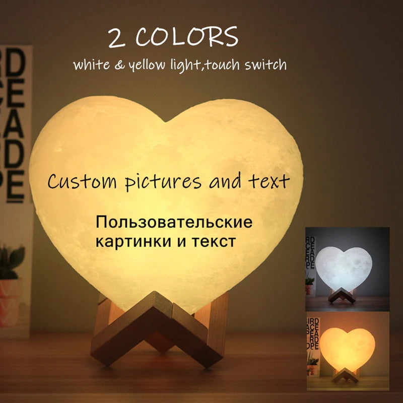 Lampe lune cœur personnalisée – version deux couleurs, lumière blanche et jaune, commande tactile
