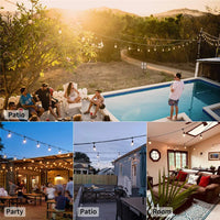 Guirlande guinguette S14 – guirlande au-dessus d'une piscine au soleil couchant