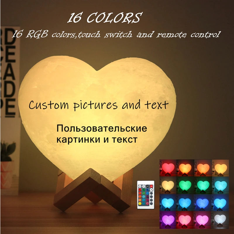 Lampe lune cœur personnalisée – version seize couleurs avec télécommande