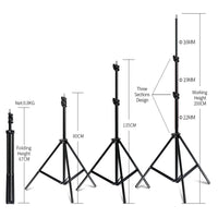 Kit softbox 50x70 cm – pied de 2 m, hauteur repliée et hauteurs déployées