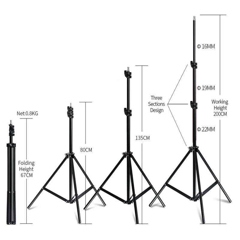 Kit softbox 50x70 cm – pied de 2 m, hauteur repliée et hauteurs déployées