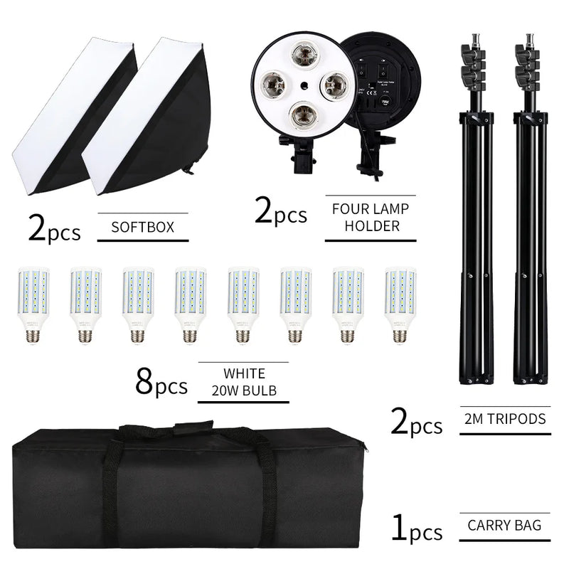 Kit softbox 50x70 cm – contenu du kit à 2 softbox et 8 ampoules LED 20 W blanches
