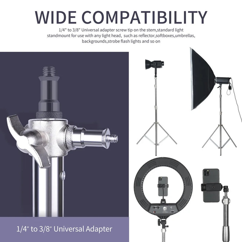 Trépied lumière inox pliable – compatibilité de la tête avec l'adaptateur universel 1/4 et 3/8 de pouce