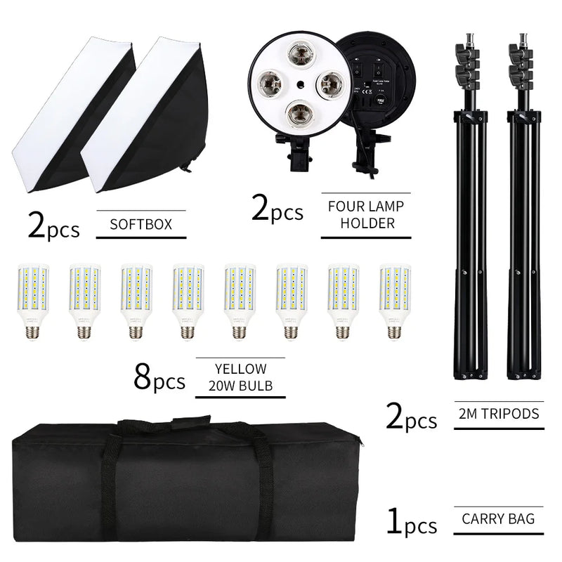 Kit softbox 50x70 cm – contenu du kit à 2 softbox et 8 ampoules LED 20 W jaunes