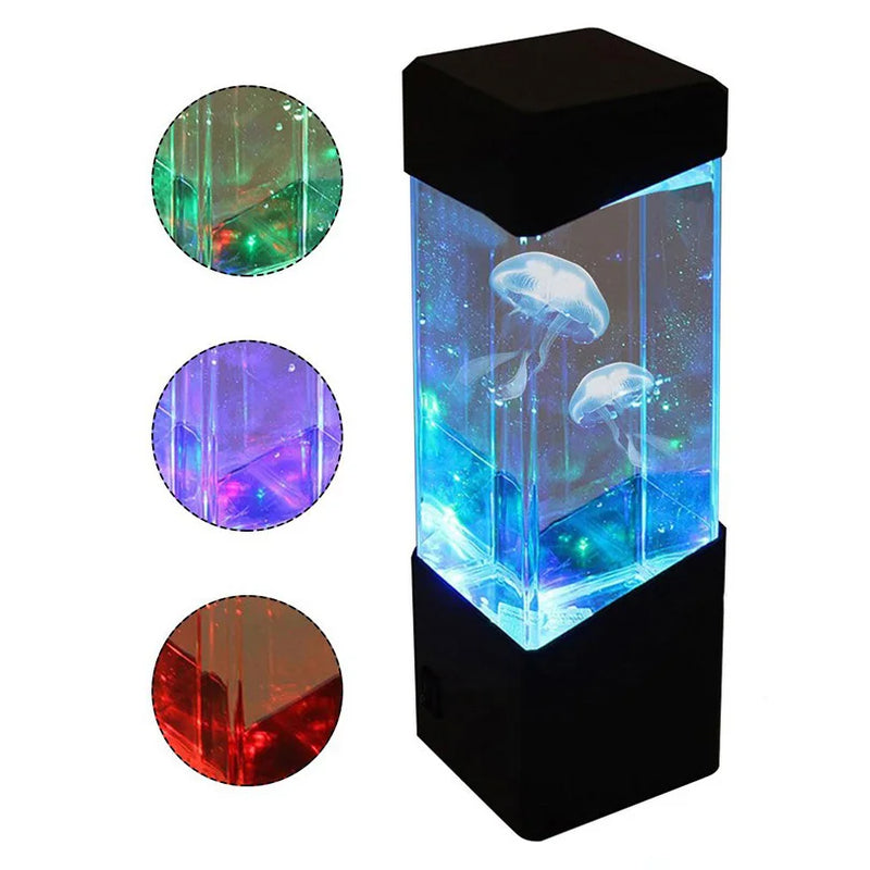 Lampe méduse aquarium carrée 23 cm, LED multicolore, piles AA ou USB